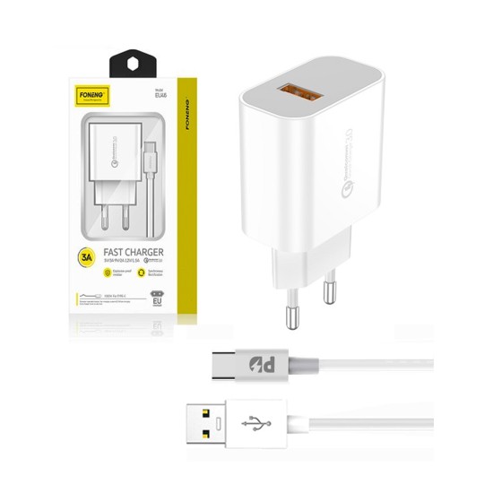 Foneng Fast USB Wall Charger EU46 with Type C Cable 3A White